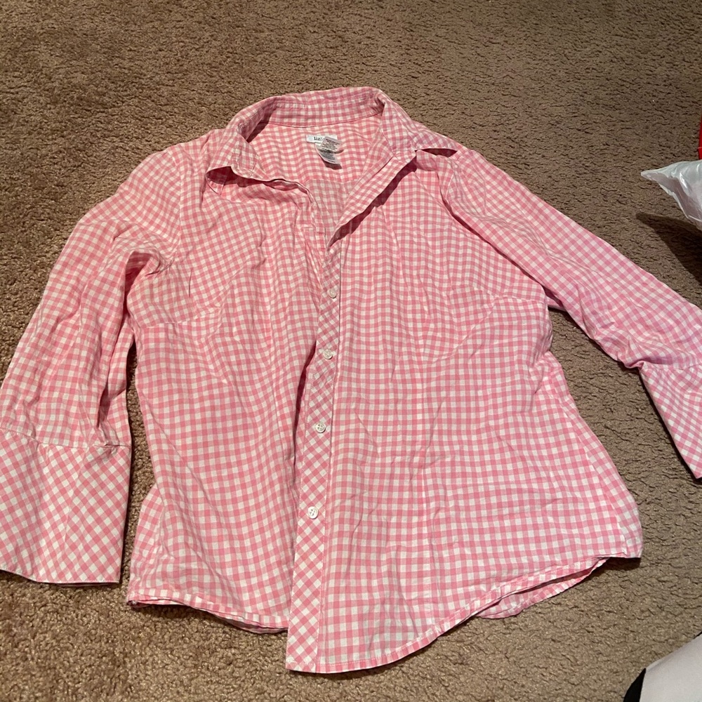 💜Liz & Co Pink Checkered Button Down 💜
